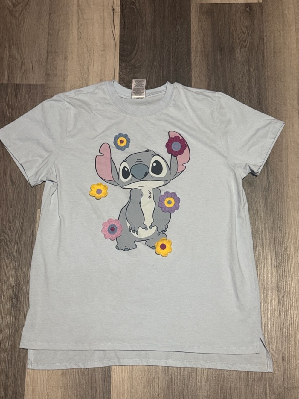 Disney Light Blue Stitch Graphic Tee with Pink & Yellow Flower Accents